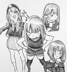 Rule 34 | 1girl, ;d, angry, arima kana, black socks, blush, bow, bowtie, closed mouth, commentary, cropped jacket, dress, english commentary, frown, greyscale, hair behind ear, hand up, hands on own hips, happy, hat, head rest, jacket, long sleeves, looking at viewer, monochrome, multiple views, off-shoulder sweater, off shoulder, one eye closed, open mouth, oshi no ko, pleated skirt, samipeko, school uniform, shirt, shirt tucked in, short hair, simple background, skirt, sleeveless, sleeveless dress, smile, socks, sweater, sweater dress, tearing up, teeth, thighhighs, upper body, upper teeth only, white background, white socks, youtou high school uniform
