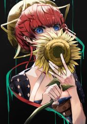 Rule 34 | 1girl, black background, blue eyes, brown hair, covering own mouth, dripping, fate/grand order, fate (series), flower, hat, highres, ringed eyes, san (harutuki 3), solo, sunflower, van gogh (fate)