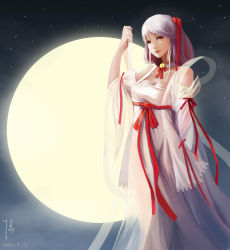 Rule 34 | 1girl, absurdres, bad id, bad pixiv id, bell, breasts, choker, cleavage, cloud, dated, detached sleeves, diandianzai, dress, folded hair, full moon, hagoromo, hair ribbon, hand up, highres, jingle bell, light purple hair, lips, long hair, looking at viewer, moon, original, parted lips, red eyes, ribbon, shawl, signature, sky, solo, star (sky), starry sky, white dress