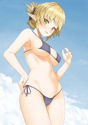 Rule 34 | 10s, 1girl, aegis (takunomi), armpits, bikini, blonde hair, blue bikini, blue sky, blush, breasts, cameltoe, covered erect nipples, day, from below, green eyes, hand on own hip, highres, large breasts, looking at viewer, navel, original, outdoors, parted lips, pointy ears, side-tie bikini bottom, sky, solo, swimsuit, sword, takunomi, underboob, weapon