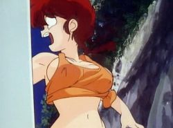 Rule 34 | 1990s (style), 1girl, animated, animated gif, bouncing breasts, breasts, cleavage, cloud, gender request, genderswap, large breasts, no bra, outdoors, ponytail, ranma-chan, ranma 1/2, red hair, retro artstyle, running, saotome ranma, screencap, sky, solo, surfboard, tank top, upper body