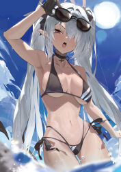 Rule 34 | 1girl, absurdres, arm up, armpits, bikini, black bikini, black choker, black gloves, blue archive, blue sky, blurry, breasts, choker, dark-skinned female, dark skin, demon tail, depth of field, eyewear on head, glint, gloves, grey hair, halo, highres, iori (blue archive), iori (swimsuit) (blue archive), lemoneko, long hair, looking at viewer, medium breasts, multi-strapped bikini bottom, navel, open mouth, pointy ears, red eyes, sky, solo, stomach, sunglasses, swimsuit, tail, twintails, v-shaped eyebrows, very long hair, wading, water, wet