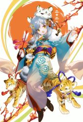 Rule 34 | 1girl, :d, animal, animal ear fluff, animal ears, arrow (projectile), bell, black footwear, blue kimono, boots, branch, brown eyes, chinese zodiac, commentary request, fang, flower, full body, grey hair, hair ornament, hairclip, hamaya, high heel boots, high heels, highres, holding, holding arrow, japanese clothes, jingle bell, kimono, long hair, long sleeves, looking at viewer, obi, open mouth, original, red flower, sash, sleeves past wrists, smile, solo, tiger, tiger ears, tiger hat, v, white background, wide sleeves, yamiko, year of the tiger
