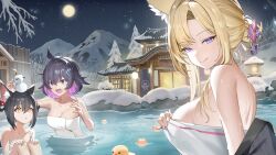 Rule 34 | 3girls, :o, ahoge, animal ears, artist request, black hair, blonde hair, breasts, character request, fence, lamp, large breasts, medium breasts, moon, mountain, multicolored hair, multiple girls, naked towel, night, onsen, orange eyes, outer plane, outerplane, pink hair, purple eyes, rock, rubber duck, short hair, small breasts, smile, snow, star (sky), surprised, temple, towel, two-tone hair, water