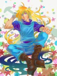 Rule 34 | 1boy, artist request, boots, full body, gourry gabriev, highres, looking at viewer, male focus, on floor, sitting, slayers, solo, sword, weapon