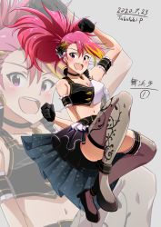 1girl :d absurdres arm_strap belt belt_buckle black_belt black_choker black_gloves black_skirt blonde_hair blush breasts buckle choker cleavage collarbone crop_top floating_hair gloves grey_background grey_thighhighs hair_between_eyes highres idolmaster idolmaster_million_live! idolmaster_million_live!_theater_days long_hair looking_at_viewer maihama_ayumu medium_breasts midriff miniskirt multicolored_hair navel open_mouth pink_hair pleated_skirt ponytail red_eyes skirt smile solo stomach takatsuki_p thighhighs two-tone_hair zettai_ryouiki