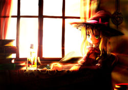 Rule 34 | 1girl, blonde hair, book, female focus, hat, indoors, ink, kirisame marisa, quill, solo, touhou, window, witch, witch hat, writing, yellow eyes