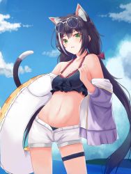 Rule 34 | 1girl, absurdres, animal ear fluff, animal ears, bare shoulders, bikini, bikini under clothes, black bikini, black hair, blue sky, blush, bow, breasts, cat ears, cat girl, cat tail, cloud, cloudy sky, collarbone, commentary request, day, eyewear on head, green eyes, hair between eyes, hair bow, highres, holding, holding swim ring, innertube, jacket, kano (wi3028), karyl (princess connect!), karyl (summer) (princess connect!), long hair, looking at viewer, low twintails, medium breasts, multicolored hair, navel, ocean, off shoulder, open clothes, open fly, open jacket, open mouth, outdoors, parted lips, princess connect!, purple jacket, short shorts, shorts, sky, solo, streaked hair, sunglasses, swim ring, swimsuit, tail, twintails, very long hair, white hair, white shorts