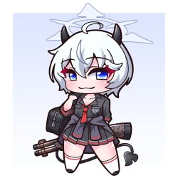 Rule 34 | 1girl, absurdres, ahoge, bag, black footwear, black shirt, black skirt, blue archive, blue eyes, blush, chibi, closed mouth, clothes around waist, collarbone, collared shirt, commentary request, demon girl, demon horns, demon tail, erika (blue archive), fabarm sdass, full body, grey hair, hair between eyes, halo, highres, horns, kneehighs, loafers, looking at viewer, necktie, pleated skirt, red necktie, saishosaisekojo, school bag, school uniform, shirt, shoes, skirt, smile, socks, solo, standing, tail, white socks