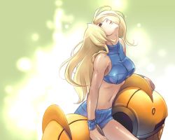 Rule 34 | 1girl, :d, arm support, armor, bare shoulders, blonde hair, blue eyes, bracelet, breasts, cowboy shot, crop top, female focus, from side, glowing, green background, halterneck, head back, jewelry, large breasts, light particles, long hair, looking up, metroid, metroid fusion, midriff, navel, nintendo, official art, official wallpaper, open mouth, power suit, profile, samus aran, short shorts, shorts, sleeveless, smile, solo, sports bra, turtleneck, undressing, varia suit, very long hair, wallpaper, wristband