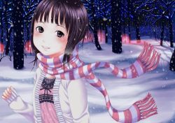 Rule 34 | 1girl, bad id, bad pixiv id, black eyes, black hair, neuron (exceed), scarf, snow, solo, striped clothes, striped scarf, tree