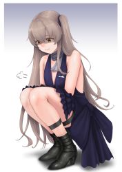 Rule 34 | 1girl, bangle, bare shoulders, black footwear, blush, boots, bracelet, breasts, brown eyes, brown hair, casual, cleavage, cloel, closed mouth, collarbone, crossed arms, crossed bangs, deflated, dress, flat chest, full body, girls&#039; frontline, gradient background, grey scarf, hair between eyes, high heel boots, high heels, highres, jewelry, knee boots, long hair, looking at breasts, official alternate costume, one side up, pocket square, purple dress, scarf, shaded face, sidelocks, simple background, smile, solo, squatting, tearing up, tears, thigh strap, thighs, ump45 (diamond flower) (girls&#039; frontline), ump45 (girls&#039; frontline)