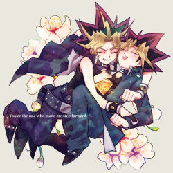 Rule 34 | 2boys, bad id, bad pixiv id, cherry blossoms, closed eyes, dual persona, dyed bangs, english text, flower, grin, happy, laughing, li mone, male focus, millennium puzzle, multicolored hair, multiple boys, muto yugi, popped collar, simple background, smile, spiked hair, yami yugi, yu-gi-oh!, yu-gi-oh! duel monsters