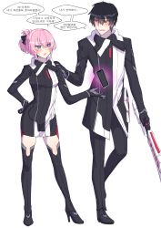 Rule 34 | 1boy, 1girl, black dress, black footwear, black gloves, black hair, black jacket, black pants, black thighhighs, blue eyes, blush, boots, brown eyes, cellphone, closers, collared dress, collared jacket, dress, gloves, hair between eyes, hair bun, hand on another&#039;s shoulder, hand on own hip, high heel boots, high heels, highres, holding, holding weapon, ia (ias1010), jacket, korean text, long sleeves, open mouth, pants, parted lips, phone, pink hair, seha lee, seulbi lee, simple background, single hair bun, standing, standing on one leg, thigh boots, thighhighs, translation request, v-shaped eyebrows, weapon, white background