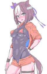 Rule 34 | 1girl, alternate costume, bikini, black bodysuit, blush, bodysuit, bow, braid, breasts, cleavage, commentary request, covered navel, ear bow, french braid, hair between eyes, highres, large breasts, micro bikini, multicolored hair, notice lines, open fly, open mouth, orange bikini, orange shorts, purple bow, purple eyes, shorts, side-tie bikini bottom, simple background, sitting, sleeves rolled up, smile, solo, special week (umamusume), streaked hair, swimsuit, teeth, thigh strap, umamusume, upper teeth only, white background, white hair, wristband, yaki apple