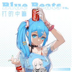 Rule 34 | 1girl, absurdres, beckoning, black choker, black ribbon, blue eyes, blue hair, blue shirt, bow, bracelet, can, candy, character request, choker, coca-cola, collarbone, copyright request, drink can, fingerless gloves, food, gloves, green nails, hair between eyes, hair bow, hair ornament, hairclip, highres, jewelry, lollipop, long hair, nail polish, nora (pixiv30350269), object on head, ribbon, ribbon choker, ring, see-through, see-through shirt, shirt, side ponytail, soda can, solo, transparent gloves, upper body, yellow bow