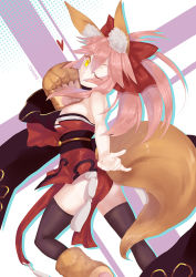Rule 34 | 1girl, animal ears, bare shoulders, bell, black thighhighs, breasts, cleavage, collar, endlessfalling, fate/grand order, fate (series), fox ears, fox tail, hair ribbon, japanese clothes, large breasts, long hair, looking at viewer, neck bell, one eye closed, pink hair, ribbon, solo, tail, tamamo (fate), tamamo cat (fate), tamamo cat (first ascension) (fate), tamamo no mae (fate/extra), thighhighs, yellow eyes