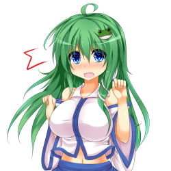 Rule 34 | 1girl, ahoge, bare shoulders, blue hair, blush, breasts, detached sleeves, female focus, frog, frog hair ornament, green hair, hair ornament, highres, japanese clothes, kochiya sanae, large breasts, long hair, miko, navel, open mouth, snake, snake hair ornament, solo, ^^^, surprised, touhou, us2s
