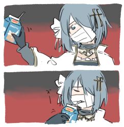 Rule 34 | 1girl, bandage on face, bandaged head, bandages, bendy straw, blue hair, cape, carton, collared cape, covered mouth, drinking, drinking straw, drinking straw in mouth, fortissimo, hair ornament, holding carton, magical girl, mahou shoujo madoka magica, mahou shoujo madoka magica: walpurgis no kaiten, miki sayaka, miki sayaka (magical girl), milk, milk carton, musical note, musical note hair ornament, python octopus, short hair, white cape