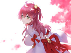 Rule 34 | 1girl, ahoge, bare shoulders, bell, breasts, character name, cherry blossom print, detached sleeves, floral print, green eyes, hair bell, hair between eyes, hair ornament, hairclip, highres, hololive, large breasts, long hair, looking at viewer, nontraditional miko, one side up, paw print, paw print pattern, pink hair, sakura miko, sakura miko (1st costume), sideboob, solo, upper body, virtual youtuber, yykuaixian