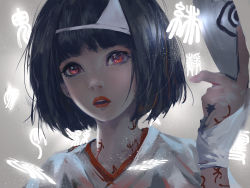 Rule 34 | 10s, 1girl, black hair, blunt bangs, body writing, floating, gradient background, grey background, highres, holding, holding mask, japanese clothes, kimono, mask, unworn mask, nora (noragami), noragami, red eyes, red lips, short hair, solo, spell, text focus, triangular headpiece, upper body, wlop