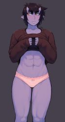 Rule 34 | 1girl, abs, artist name, black bra, black hair, blush, bow, bow panties, bra, brown sweater, clothes lift, collarbone, colored skin, commentary, cowboy shot, frown, grey background, groin, highres, horns, ittla, lifted by self, long sleeves, looking away, looking to the side, muscular, muscular female, navel, oni, orange eyes, original, panties, pink panties, pointy ears, purple skin, short hair, simple background, skin-covered horns, sleeves past wrists, slit pupils, solo, sports bra, stomach, striped clothes, striped panties, sweatdrop, sweater, sweater lift, symbol-only commentary, thick eyebrows, ume (ittla), underwear, wavy mouth