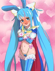 Rule 34 | 1girl, absurdres, animal ears, blue eyes, blue hair, blue panties, blue thighhighs, blush, breasts, cape, commentary request, commission, covering breasts, covering privates, cure sky, detached sleeves, embarrassed, fake animal ears, frilled thighhighs, frills, gloves, highleg, highleg panties, highres, hirogaru sky! precure, long hair, looking at viewer, meme attire, navel, ogi non, open mouth, panties, precure, puffy detached sleeves, puffy sleeves, rabbit ears, red cape, reverse bunnysuit, reverse outfit, skeb commission, small breasts, solo, sora harewataru, sweat, thighhighs, twintails, two-sided cape, two-sided fabric, underwear, very long hair