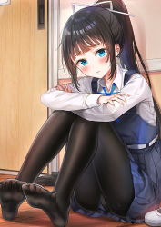 Rule 34 | 1girl, arms on knees, ass, black hair, black pantyhose, black skirt, blue eyes, blue ribbon, blush, collared shirt, commentary request, crossed arms, door, feet, hair ornament, hair ribbon, indoors, long hair, long sleeves, looking at viewer, neck ribbon, no shoes, original, panties, panties under pantyhose, pantyhose, ponytail, rangu, ribbon, shirt, shoes, unworn shoes, sitting, skirt, solo, underwear, white ribbon, white shirt, wooden floor