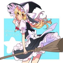 Rule 34 | 1girl, apron, bad id, bad twitter id, black dress, blonde hair, bloomers, blush, bow, braid, broom, cowboy shot, dress, dress shirt, eyebrows, frilled skirt, frilled sleeves, frills, from behind, hair ribbon, hand on headwear, hat, hat bow, holding, holding broom, kirisame marisa, long hair, looking at viewer, looking back, puffy short sleeves, puffy sleeves, red bow, ribbon, sash, shirt, short sleeves, skirt, skirt set, solo, tori (otori), touhou, tress ribbon, twitter username, underwear, vest, waist apron, white shirt, witch, witch hat, yellow eyes