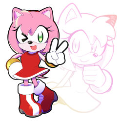 Rule 34 | &gt; o, 1girl, :d, amy rose, animal ears, artsy-rc, boots, dress, furry, furry female, gloves, hand up, happy, hedgehog ears, hedgehog tail, highres, jewelry, looking at viewer, medium hair, multiple views, one eye closed, open mouth, pink hair, red dress, red footwear, signature, smile, sonic (series), symbol-only commentary, v, white gloves