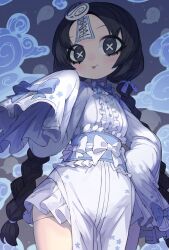 Rule 34 | 1girl, :p, black hair, blue bow, blue bowtie, blush, bow, bowtie, braid, breasts, cloud, commentary, cowboy shot, doll, doll joints, dress, frilled dress, frills, grey background, grey hair, hair ribbon, hand on own hip, hand up, highres, jiangshi, joints, ketopon, long hair, long sleeves, looking at viewer, obi, object through head, ofuda, original, parted bangs, pelvic curtain, purple ribbon, ribbon, sash, sleeves past fingers, sleeves past wrists, small breasts, smile, solo, symbol-only commentary, symbol-shaped pupils, tongue, tongue out, twin braids, twintails, very long hair, white bow, wide sleeves, x-shaped pupils