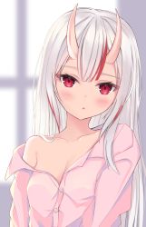 Rule 34 | 1girl, alternate hairstyle, blush, breasts, buttons, cleavage, collarbone, demon girl, dress shirt, hair between eyes, hair between horns, highres, hololive, horns, long hair, looking at viewer, multicolored hair, naked shirt, nakiri ayame, notobi, off shoulder, oni, open mouth, red eyes, red hair, shirt, sidelocks, skin-covered horns, small breasts, solo, streaked hair, unbuttoned, unbuttoned shirt, virtual youtuber, white hair, window