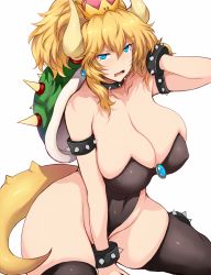 Rule 34 | absurdres, blonde hair, blue eyes, bowsette, breasts, collar, highres, horns, huge breasts, mario (series), nintendo, spiked collar, spikes, tail, tsukasawa takamatsu