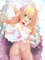 Rule 34 | 1girl, absurdres, ahoge, albacore (azur lane), alternate costume, azur lane, blonde hair, blush, breasts, bridal veil, cameltoe, cleft of venus, clothes lift, commentary request, dress, dress lift, fang, flower, green eyes, hair between eyes, hair flower, hair ornament, highres, long hair, looking at viewer, makina9696, navel, open mouth, panties, pink flower, revealing clothes, skin fang, small breasts, solo, star (symbol), star in eye, stomach, string panties, symbol in eye, thighhighs, tiara, underwear, veil, wedding dress, white thighhighs