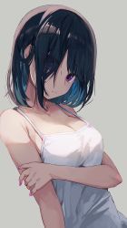 Rule 34 | 1girl, bare shoulders, black hair, breasts, cleavage, closed mouth, collarbone, eyes visible through hair, hair over one eye, highres, hiroki (yyqw7151), looking at viewer, medium breasts, nail polish, original, purple eyes, purple nails, shirt, short hair, simple background, sleeveless, solo, upper body, white shirt