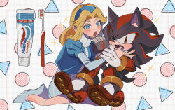 Rule 34 | 1boy, 1girl, 6v6 1212, blonde hair, blue eyes, blue hairband, cup, finger in another&#039;s mouth, furry, furry male, gloves, hairband, holding, holding cup, maria robotnik, one eye closed, open mouth, shadow the hedgehog, sonic (series), sparkle, tail, toothbrush, toothpaste, white gloves
