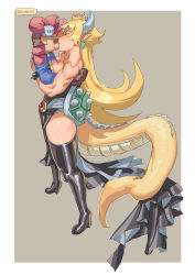 Rule 34 | 1boy, 1girl, 2020, absurdres, ac120, bare shoulders, biceps, black dress, black thighhighs, blonde hair, blush, boots, bowser, bowsette, bracelet, brown hair, closed eyes, crown, dated, dress, earrings, facial hair, from side, full body, gloves, hat, held up, hetero, high heel boots, high heels, highres, horns, jewelry, kiss, long hair, mario, mario (series), muscular, muscular female, mustache, nintendo, overalls, pelvic curtain, shell, shoes, size difference, sleeveless, spiked bracelet, spiked shell, spikes, standing, super crown, super mario bros. 1, tail, thigh boots, thighhighs, thighs, very long hair