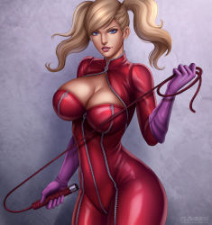 Rule 34 | 10s, 1girl, atlus, blonde hair, blue eyes, bodysuit, breasts, cleavage, curvy, earrings, female focus, flowerxl, gloves, hair ornament, hairclip, huge breasts, jewelry, lipstick, looking at viewer, makeup, persona, persona 5, smile, solo, takamaki anne, twintails, weapon, whip, zipper