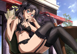 Rule 34 | 1girl, aqua eyes, black hair, black thighhighs, book, bow, bra, breasts, cafe, candle, chair, fate/stay night, fate (series), female focus, garter belt, garter straps, glasses, hair bow, hair ribbon, jewelry, lace, lace-trimmed bra, lace-trimmed legwear, lace bra, lace trim, legs, lingerie, long hair, nature, necklace, outdoors, panties, ribbon, sky, solo, table, thighhighs, thighs, third-party edit, tohsaka rin, twintails, underwear