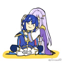 Rule 34 | 1boy, 1girl, blue hair, brother and sister, circlet, dress, fire emblem, fire emblem: genealogy of the holy war, hand on another&#039;s head, hug, hug from behind, julia (fire emblem), long hair, nintendo, purple hair, seliph (fire emblem), siblings, simple background, sitting, yukia (firstaid0)