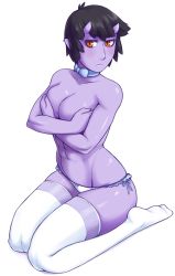 Rule 34 | 1girl, abs, black hair, blush, bow, bowtie, breasts, cleavage, colored skin, feet, frown, highres, hip focus, horns, ittla, muscular, oni, orange eyes, panties, pointy ears, purple skin, short hair, thick thighs, thighhighs, thighs, toned, topless, underwear, wide hips