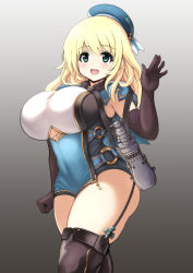 Rule 34 | 1girl, aqua eyes, armpits, atago (kancolle), black gloves, blonde hair, blue leotard, blush, breasts, clothing cutout, commentary request, cosplay, covered navel, cowboy shot, curvy, elbow gloves, garter straps, gloves, gradient background, granblue fantasy, green eyes, hair between eyes, hat, hiraga daidai, kantai collection, large breasts, leotard, long hair, look-alike, looking at viewer, mona (shingeki no bahamut), mona (shingeki no bahamut) (cosplay), open mouth, shingeki no bahamut, skindentation, smile, solo, thick thighs, thighhighs, thighs, underboob cutout, wide hips