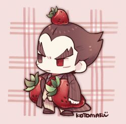 Rule 34 | 1boy, black coat, black eyes, black footwear, black hair, chibi, closed mouth, coat, collared shirt, facial scar, food, food on head, fruit, full body, heterochromia, holding, holding food, holding fruit, jacket, kotorai, looking ahead, male focus, mishima kazuya, necktie, no nose, object on head, oversized food, oversized object, pants, pastel colors, red eyes, red necktie, scar, scar on cheek, scar on face, shirt, short hair, signature, solo, strawberry, tekken, thick eyebrows, v-shaped eyebrows, white jacket, white pants, white shirt