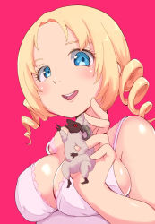 Rule 34 | 1girl, bare shoulders, blonde hair, blue eyes, breasts, catherine, catherine (game), choker, cleavage, demon girl, drill hair, female focus, looking at viewer, medium breasts, open mouth, smile, upper body
