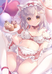 Rule 34 | 1girl, apron, balloon, bow, breasts, brown eyes, cameltoe, cleft of venus, closed mouth, collar, collarbone, commentary request, cupcake, detached sleeves, feet out of frame, flower, food, frilled apron, frilled skirt, frills, grey hair, hair between eyes, hair flower, hair ornament, hairclip, heart balloon, holding, holding plate, long hair, medium breasts, navel, original, panties, pink flower, pink panties, plaid, plaid skirt, plaid sleeves, plate, puffy short sleeves, puffy sleeves, red bow, red collar, red footwear, short sleeves, skirt, smile, solo, spread legs, thighhighs, underwear, white apron, white thighhighs, wrist cuffs, yukie (peach candy)