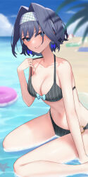 Rule 34 | aotake iro, beach, beach towel, beach umbrella, bikini, bikini top pull, blue eyes, blue hair, breasts, cleavage, commentary, earrings, hair intakes, highres, hololive, hololive english, jewelry, lifebuoy, looking at viewer, medium breasts, medium hair, ocean, ouro kronii, partially submerged, pulled by self, sand, sitting, smile, starfish, swim ring, swimsuit, teeth, towel, umbrella, virtual youtuber