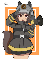 Rule 34 | 1girl, absurdres, arknights, blush, brown eyes, brown hair, helmet, hendra, highres, looking at viewer, megaphone, outside border, salute, shaw (arknights), short hair, signature, simple background, squirrel girl, squirrel tail, tail