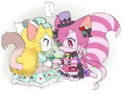 Rule 34 | 2girls, alice (cat busters), artist request, blonde hair, blue eyes, boots, cat, cat busters, cheshire (cat busters), eyepatch, furry, hat, long hair, mini hat, multiple girls, pink hair, short hair, sitting