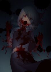 Rule 34 | 1girl, 50x48x48, :o, black mouth, black skirt, black vest, blonde hair, blood, blood in hair, blood on clothes, blood on face, blood on hands, blood splatter, breath, claw pose, commentary, cowboy shot, dark, eyebrows hidden by hair, floating clothes, frilled shirt collar, frills, guro, hair between eyes, hands up, head tilt, highres, horror (theme), looking at viewer, monster girl, neck ribbon, open mouth, red eyes, red ribbon, ribbon, rumia, shirt, short hair, short sleeves, simple background, skirt, solo, touhou, twitter username, vest, w arms, white shirt, wide-eyed