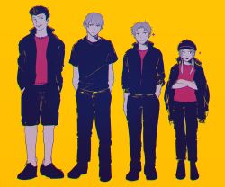 Rule 34 | 10s, 1girl, 3boys, :d, arm at side, bad id, bad pixiv id, black footwear, black hair, black hat, black jacket, black pants, black shirt, black shorts, closed mouth, crossed arms, full body, grey hair, grin, hand in pocket, hands in pockets, harunathunder (neruneruzzz), hat, hiura akane, jacket, jacket on shoulders, light frown, lineup, long sleeves, looking at viewer, looking to the side, multiple boys, narasaka touru, open clothes, open jacket, open mouth, pants, parted bangs, pompadour, satori ken, shirt, shoes, short sleeves, shorts, simple background, sketch, smile, sparkle, standing, t-shirt, touma isami, world trigger, yellow background